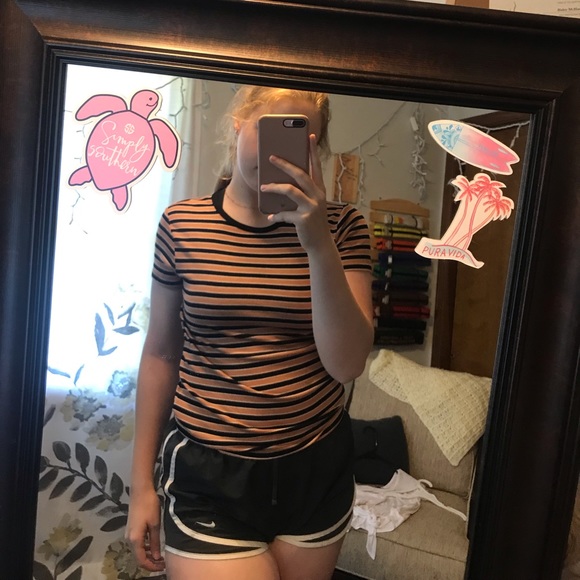 Orangish-Brown and Black striped tight tee - Picture 3 of 3